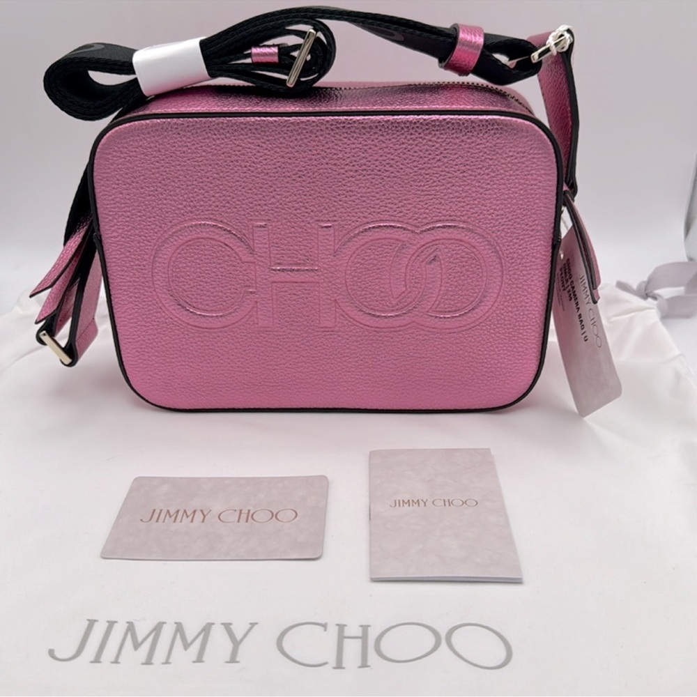 NWT Jimmy Choo Peony Pink Metallic Leather Camera Crossbody - Picture 1 of 12